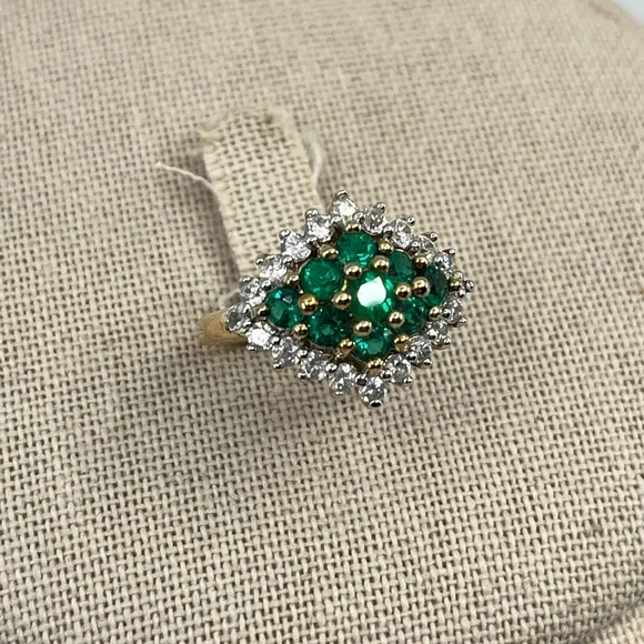Vintage Emerald 925 Gold Vermeil Cluster Ring - Picture 4 of 17